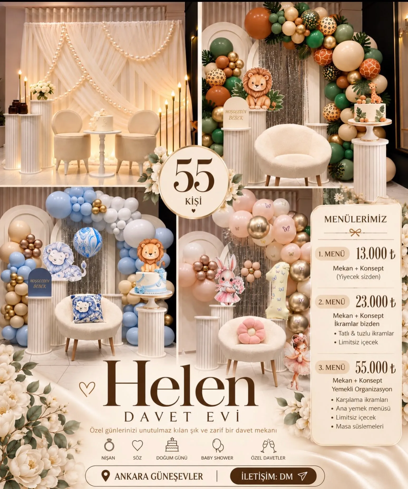 Helen Davet Evi menüler afişi: 1. menü 13.000 ₺, 2. menü 23.000 ₺, 3. menü 55.000 ₺